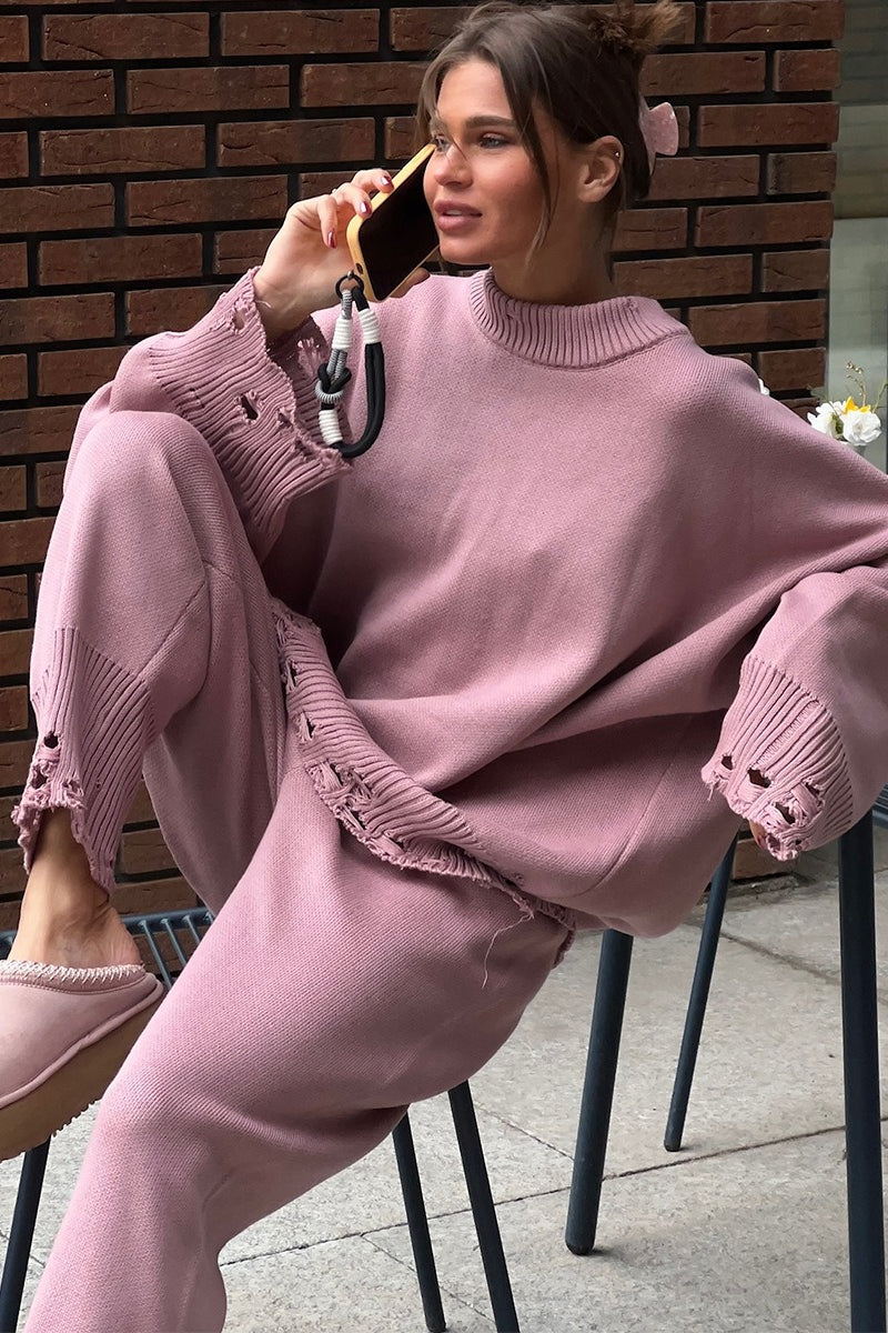 Solid Distressed Knit Crew Neck Sweater Two Piece Set image 10