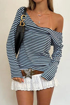 Color Block Striped V Neck Loose Knit Long Sleeve Blouse image 1
