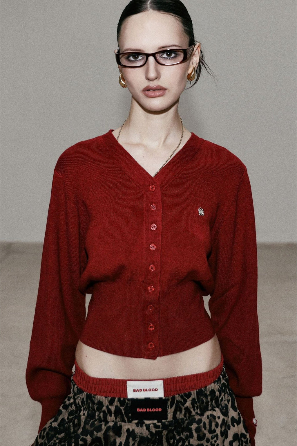 Red V Neck Knit Cardigan Blouse image 1