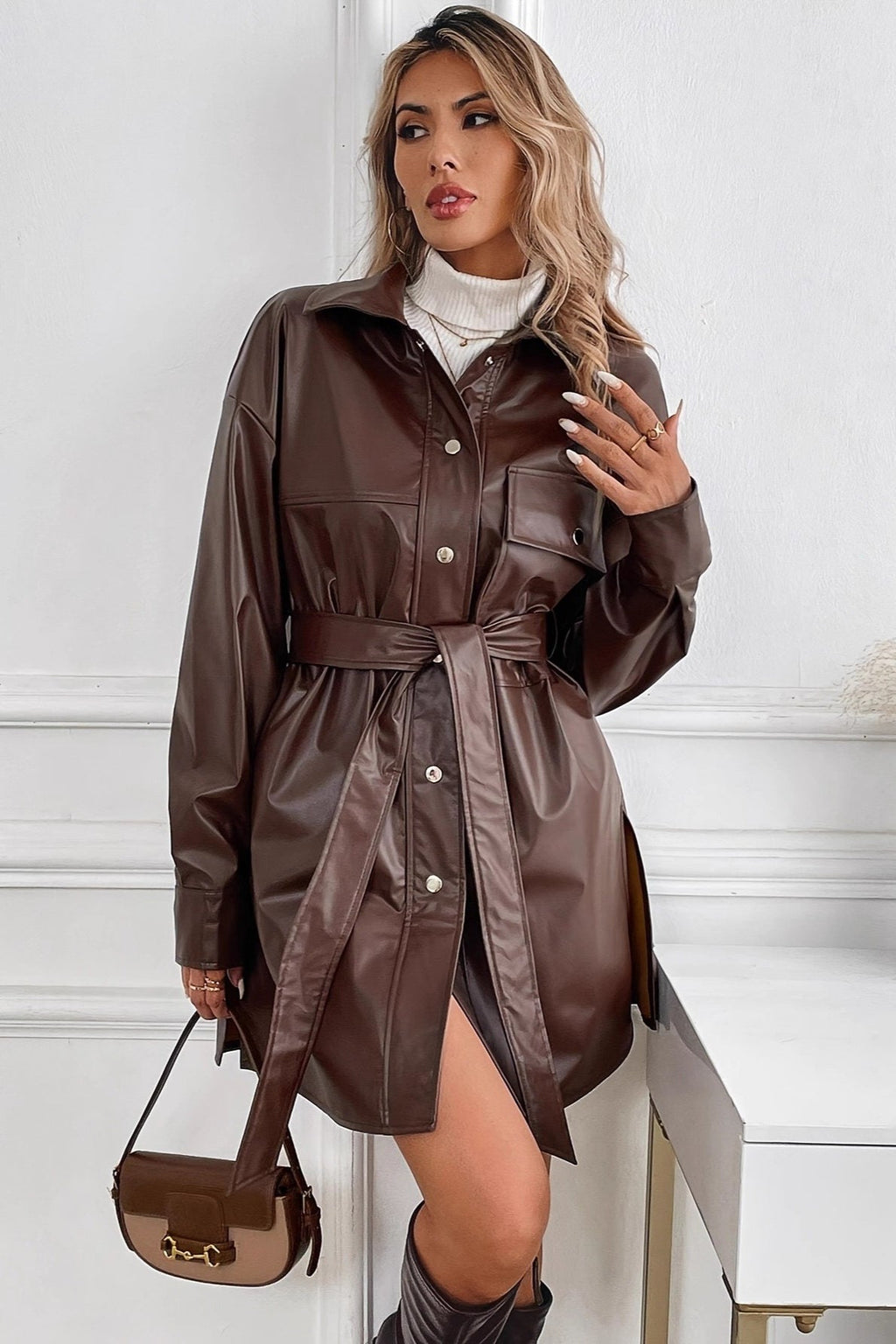 Mid-Length Windproof PU Belted Coat image 1