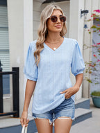 Mireille Eyelet Top detail view styled for Avrienne