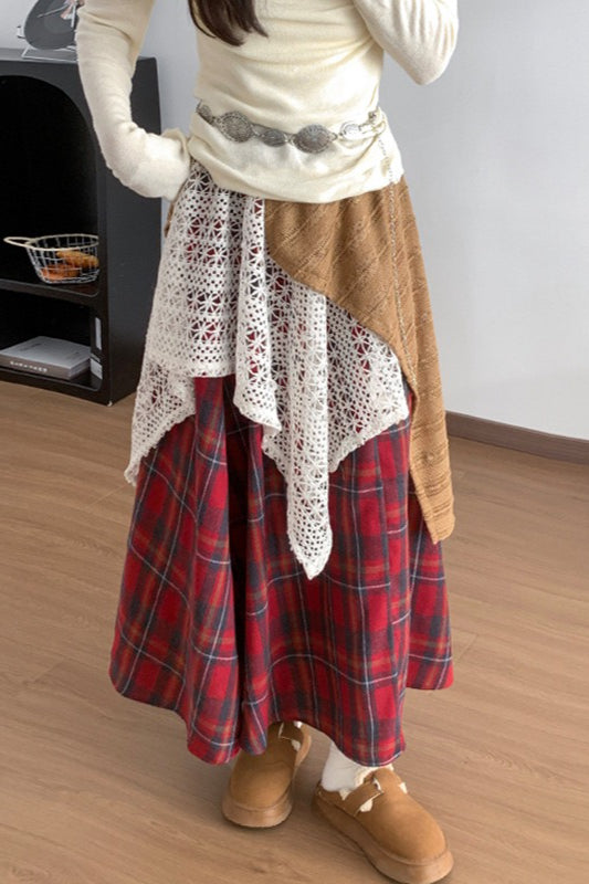 Asymmetric Lace Panel Plaid Skirt image 7