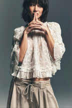 Lace Hollow Ruffle Sleeve Crop Blouse image 3
