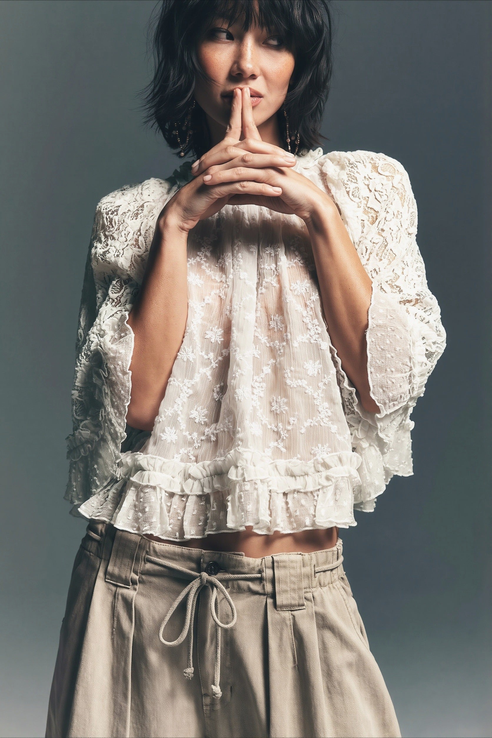Lace Hollow Ruffle Sleeve Crop Blouse image 3
