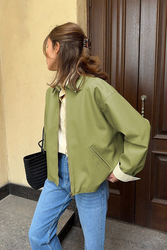 Loose Fit Green Leather Pilot Jacket image 2
