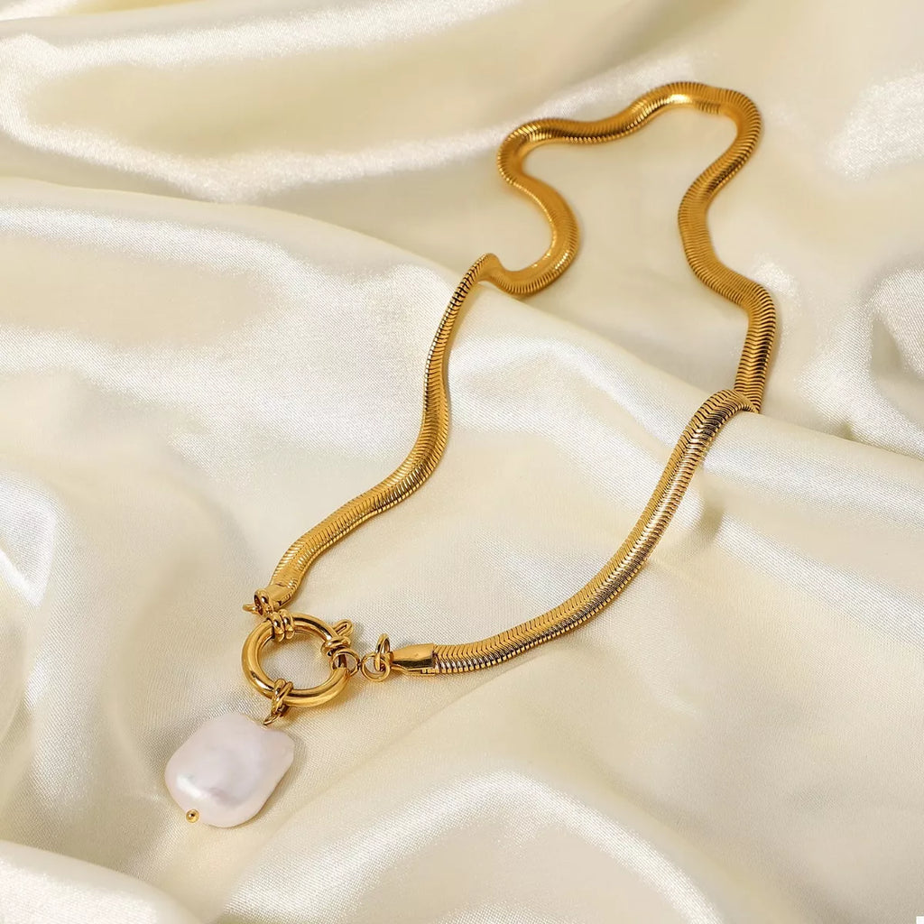 Sabina Pearl Necklace detail view styled for Avrienne
