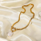 Sabina Pearl Necklace detail view styled for Avrienne