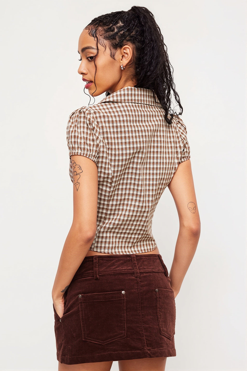 Plaid Ruffled Tie Lapel Slim Blouse image 3