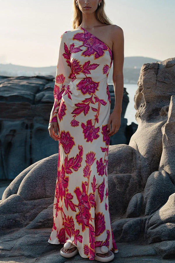 Satin Rose Print One-Shoulder Maxi Dress image 1