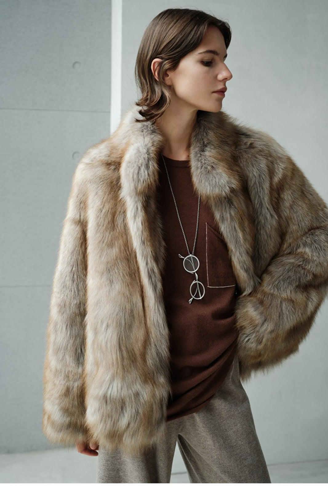 Minimalist Mid-Length Faux Fur Stand Collar Coat image 11