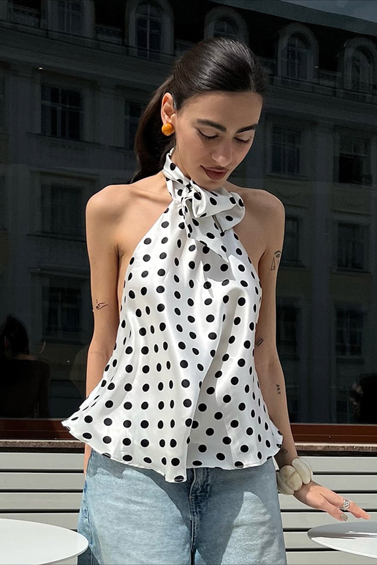 Polka Dot Satin Bow Tie Backless Cami Crop Top image 1