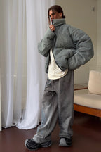 Washed Denim Stand Collar Puffer Jacket image 8