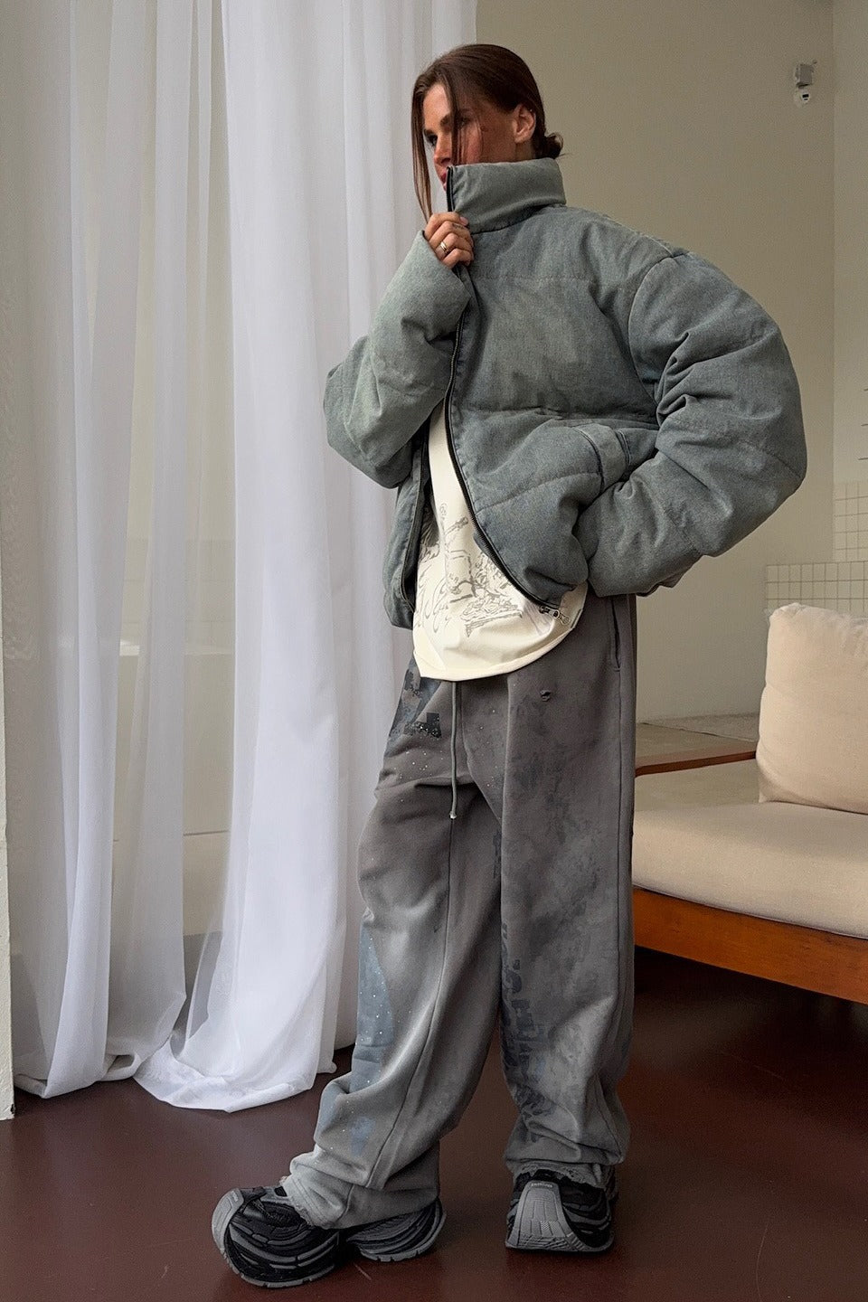 Washed Denim Stand Collar Puffer Jacket image 8