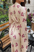 Satin V Neck Long Sleeve Tie Waist Elegant Maxi Floral Dress image 3