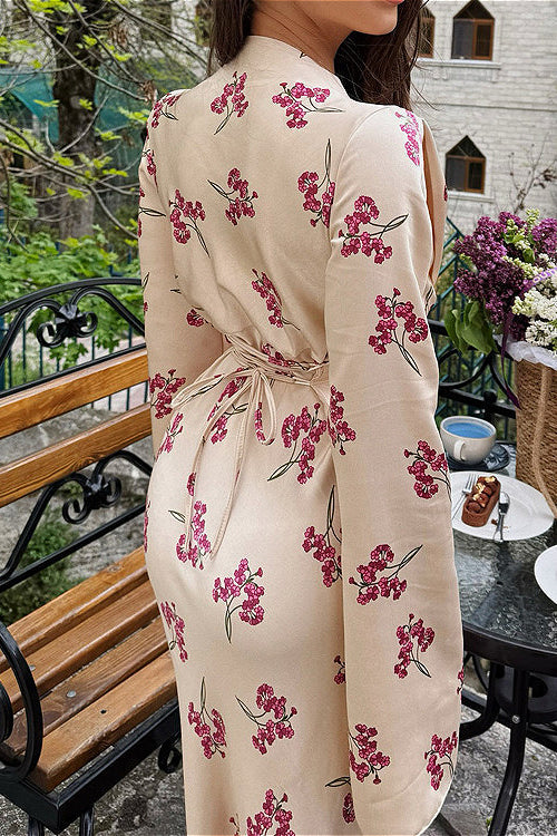 Satin V Neck Long Sleeve Tie Waist Elegant Maxi Floral Dress image 3