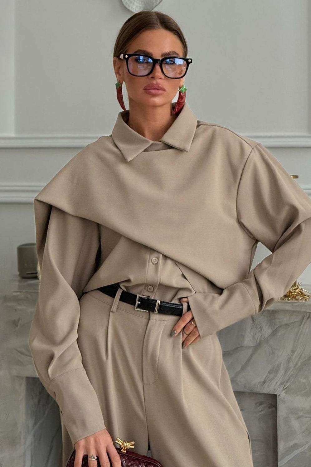 Vintage Chic Lapel Scarf Top & Wide Leg Pants Two Piece Set image 5