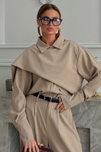 Vintage Chic Lapel Scarf Top & Wide Leg Pants Two Piece Set image 5
