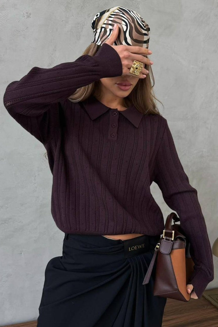 Jacquard Polo Collar Long Sleeve Loose Blouse image 21