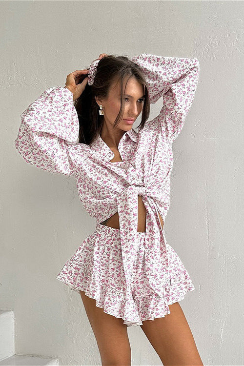 Long Sleeve Floral Collar Flip Shirt Ruffled Shorts Two Piece Set image 1