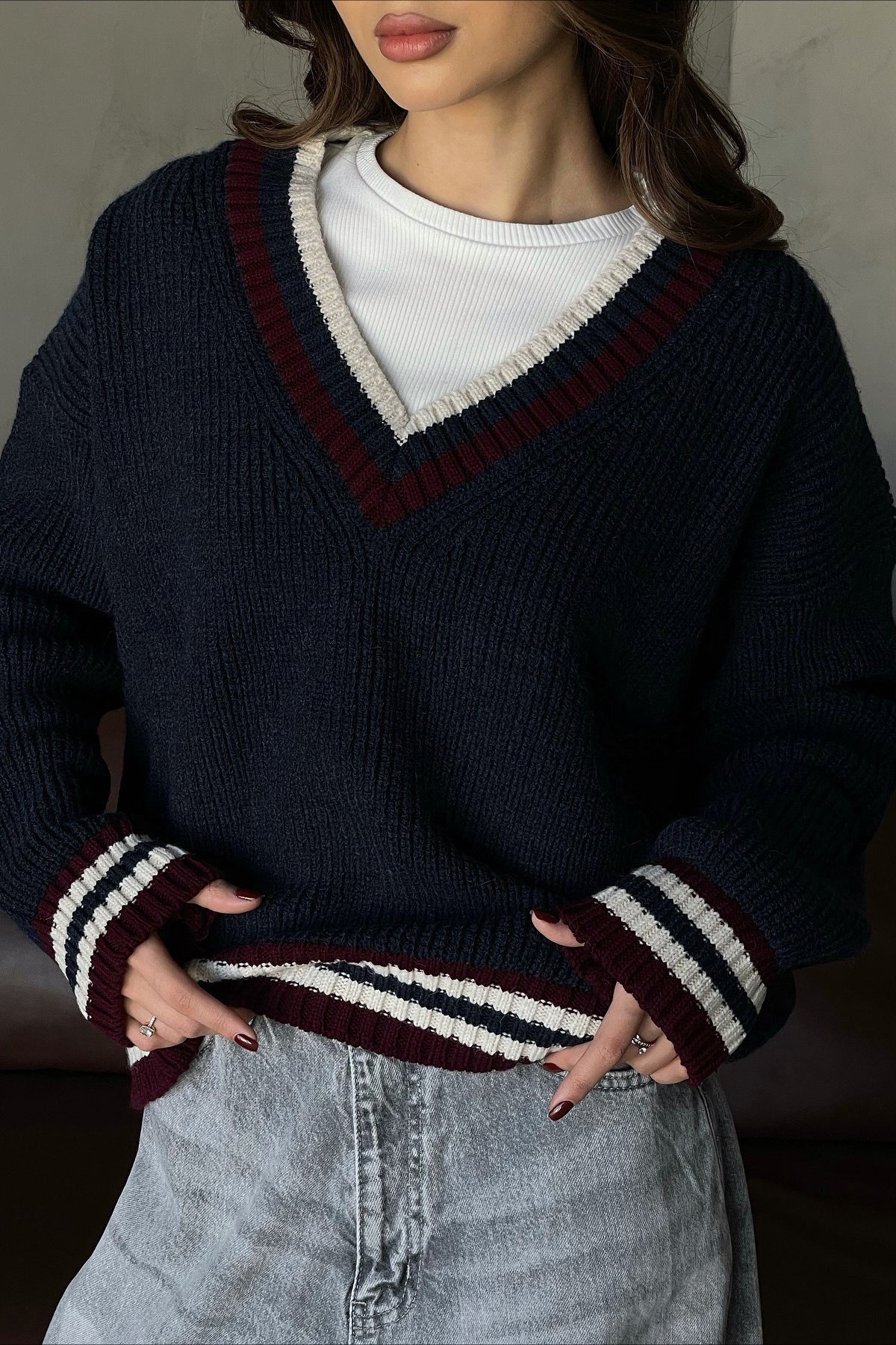 Striped Contrast V Neck Loose Long Sleeve Sweater image 4