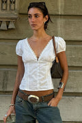 Lace Patchwork V Neck Puff Sleeve Blouse image 1