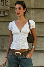 Lace Patchwork V Neck Puff Sleeve Blouse image 1