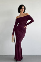 Vintage Solid Off-the-shoulder Bodycon Maxi Dress image 3