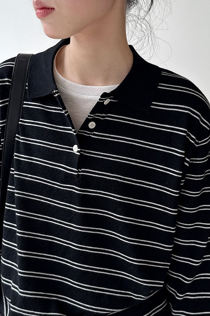 Soft Wool Striped Polo Collar Long Sleeve Long Sleeve Tee image 7