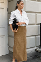 French Minimalist High-Waisted Solid Color Midi Skirt image 3