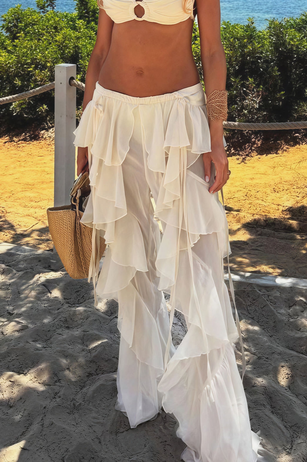 Lace Up Spliced Ruffle Flare Pants image 1