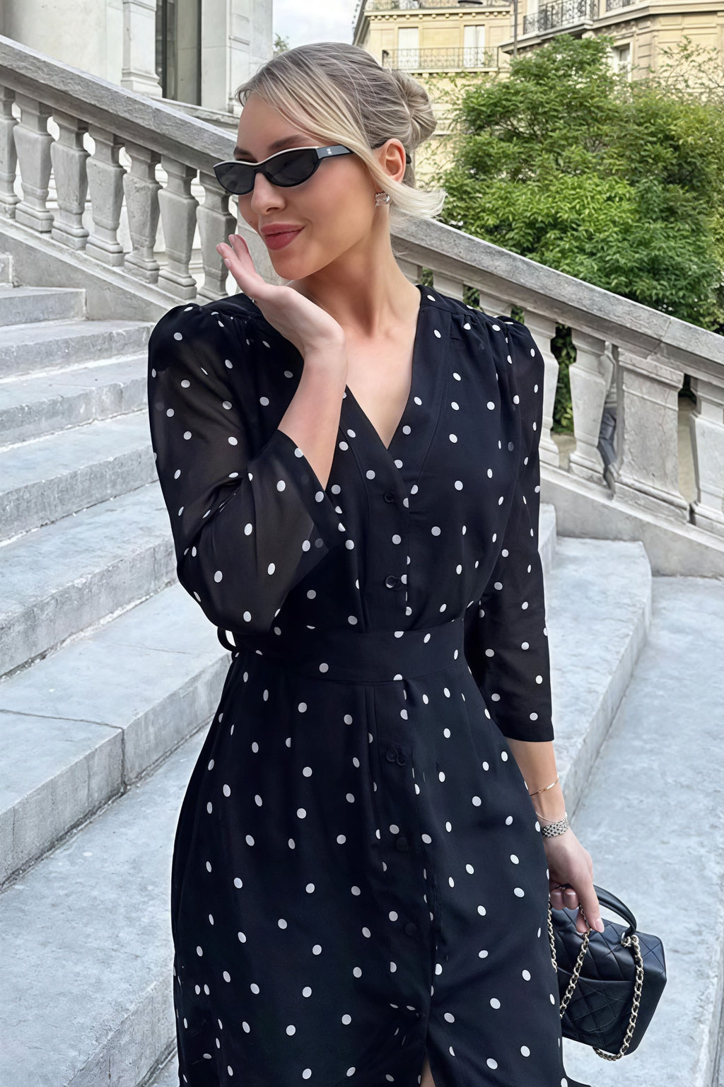 V Neck Waist Long Sleeve High Slit Polka Dot Midi Dress image 5