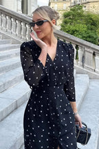 V Neck Waist Long Sleeve High Slit Polka Dot Midi Dress image 5