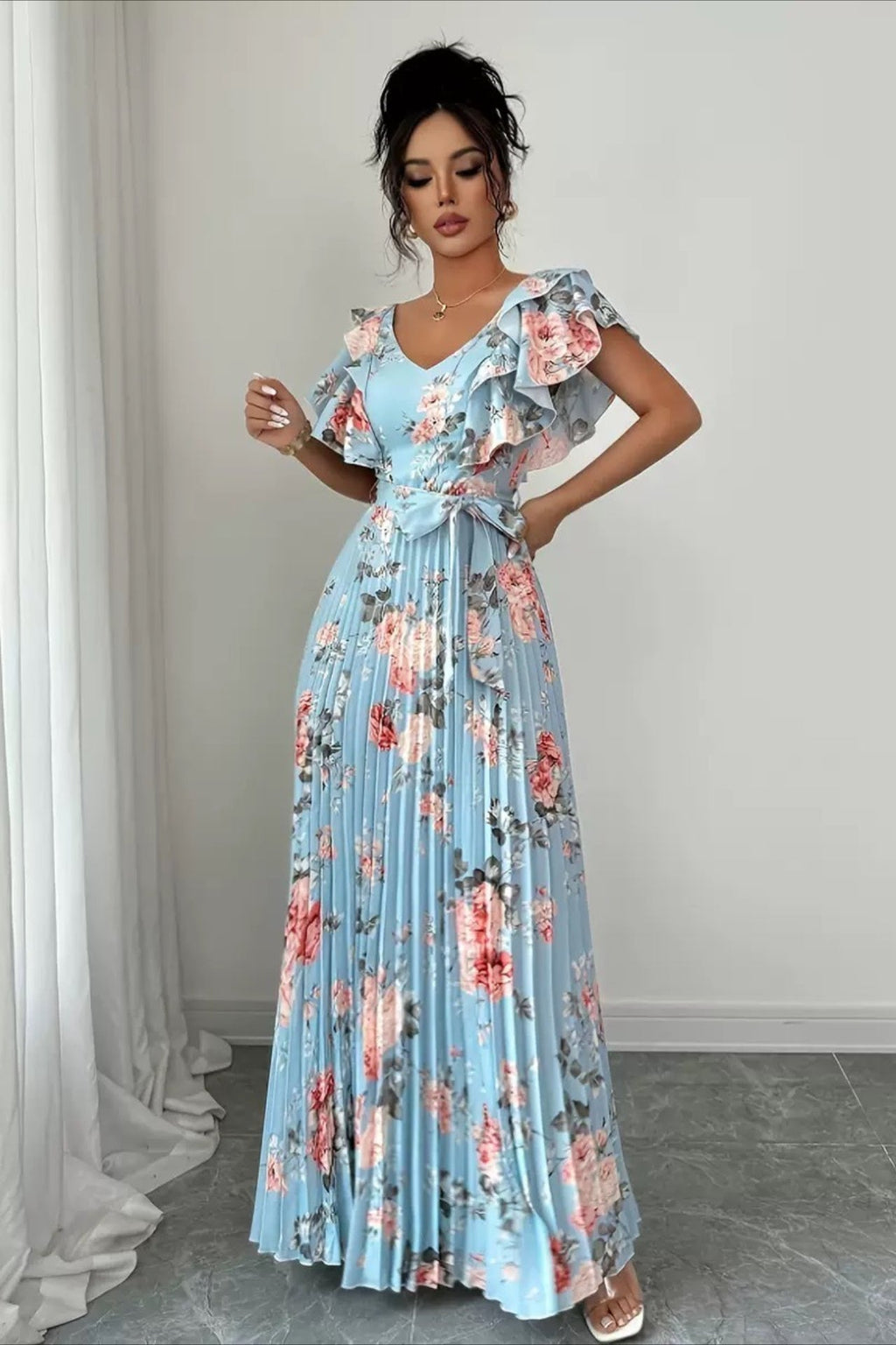 Floral Print Ruffle Sleeve V Neck Pleated Elegant Maxi Dress image 8