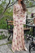 Satin V Neck Long Sleeve Tie Waist Elegant Maxi Floral Dress image 1