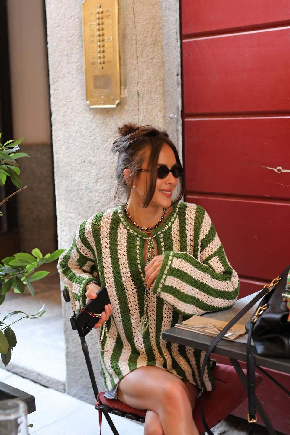 Green White Vertical Stripe Tie Waist Knit Sweater image 2