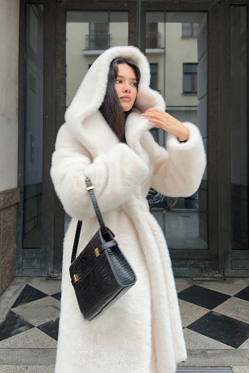 Faux Mink Fur Long Hooded Belted Plush Overcoat image 2