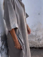 Marseille Linen Shirt Dress detail view styled for Avrienne