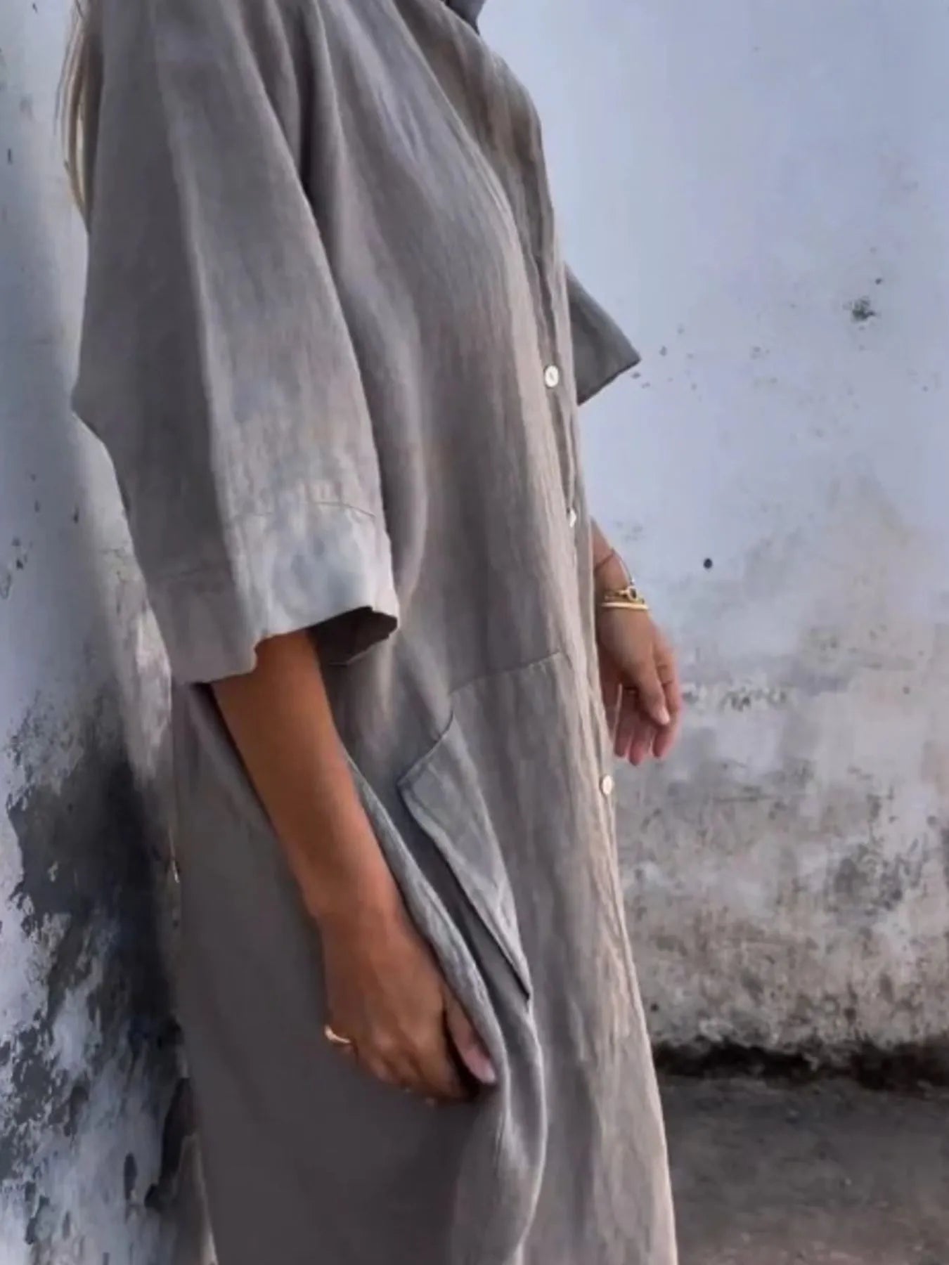 Marseille Linen Shirt Dress detail view styled for Avrienne