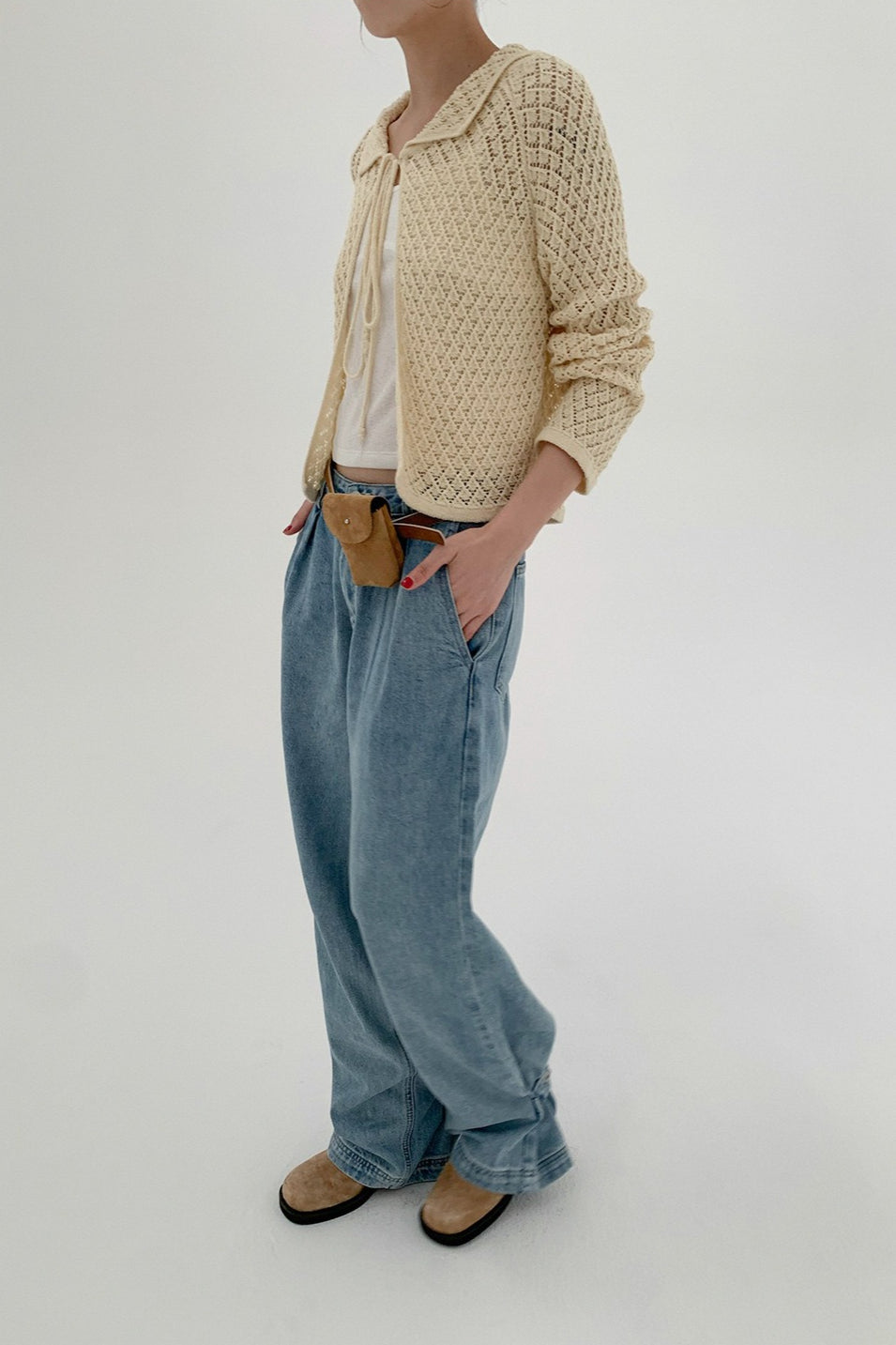Hollow-Out Collared Tie-Waist Long-Sleeve Short Knit Cardigan image 9