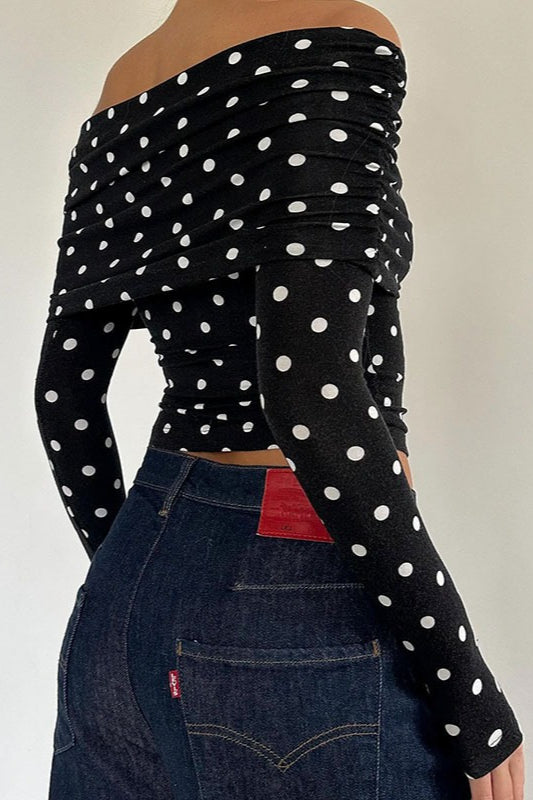 Polka Dot Color Block Off-Shoulder Crop Top image 3