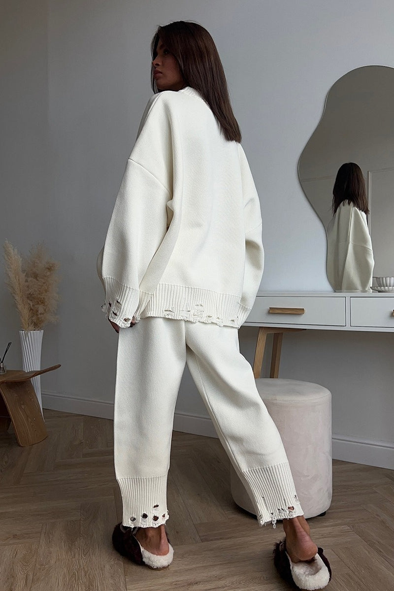 Solid Distressed Knit Crew Neck Sweater Two Piece Set image 9