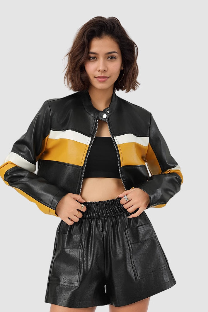 Color-Block PU Leather Biker Jacket image 1