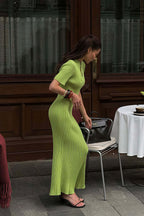 Candy Color Round Neck Short Sleeve Bodycon Knitted Maxi Dress image 3