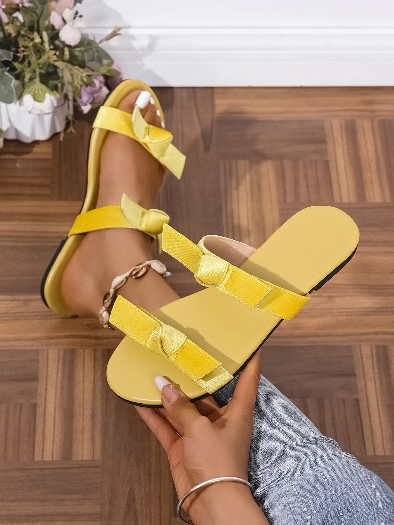 Dahlia Flat Sandals detail view styled for Avrienne