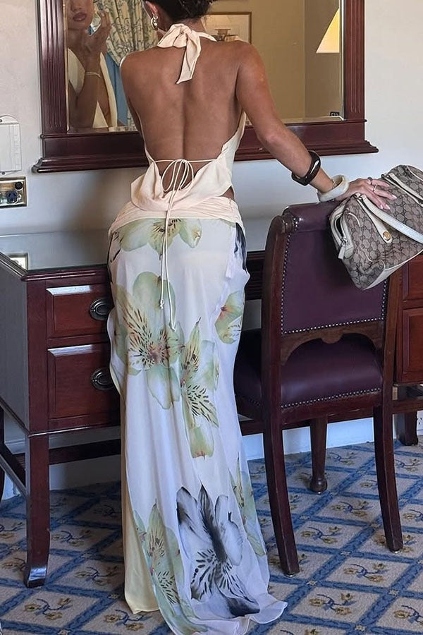 Sexy Backless Halter Top Slim Printed Maxi Skirt Set image 2