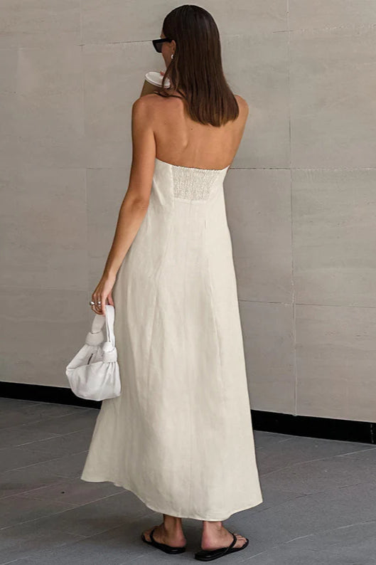 Khaki Cotton Linen Strapless Backless Maxi Dress image 4