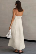 Khaki Cotton Linen Strapless Backless Maxi Dress image 4