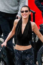 Loose V Neck Halter Solid Waist Button Backless Tank Top image 3