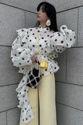 Dot Ruffled Tie Stand Collar Blouse image 1