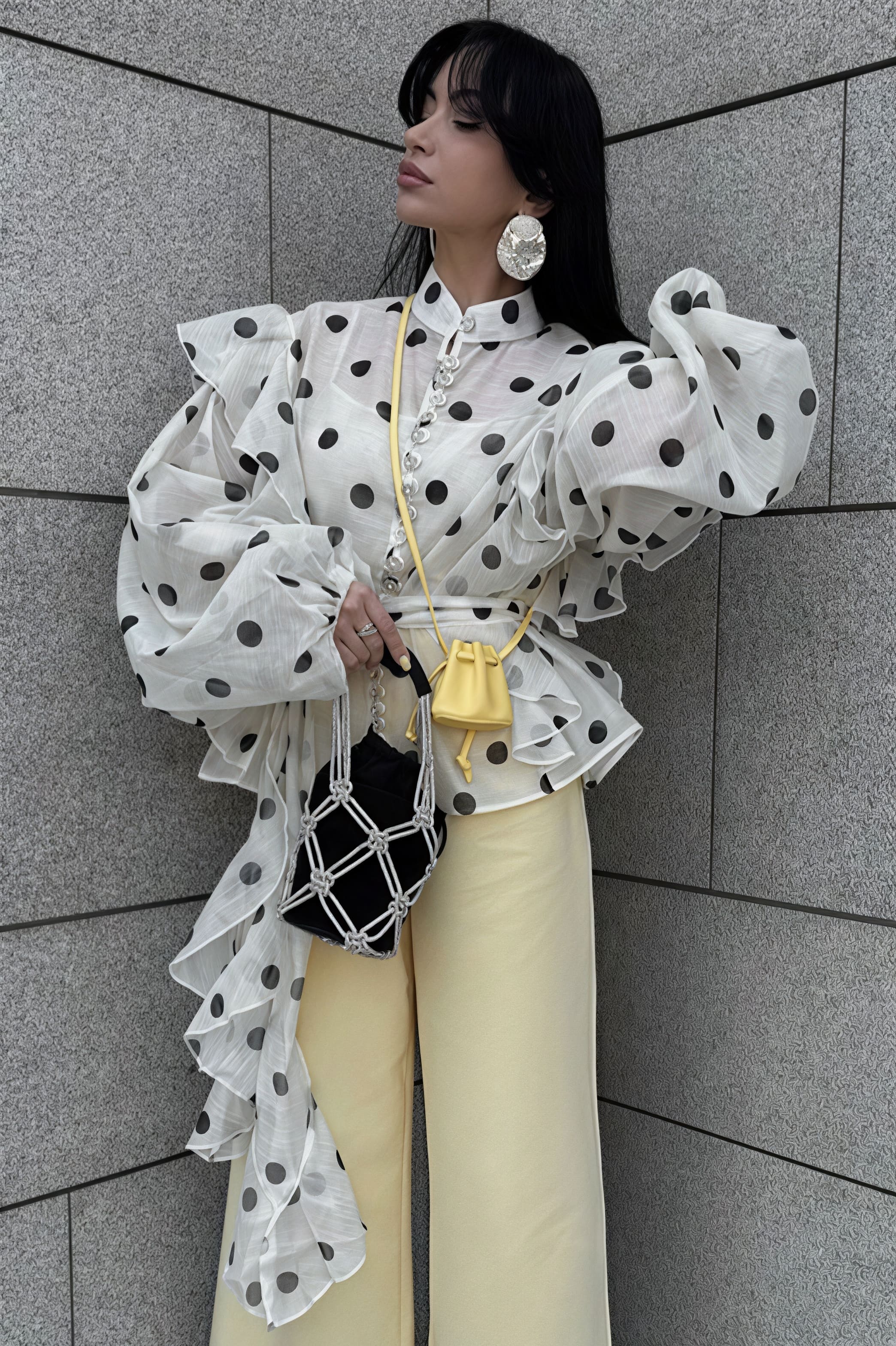 Dot Ruffled Tie Stand Collar Blouse image 1